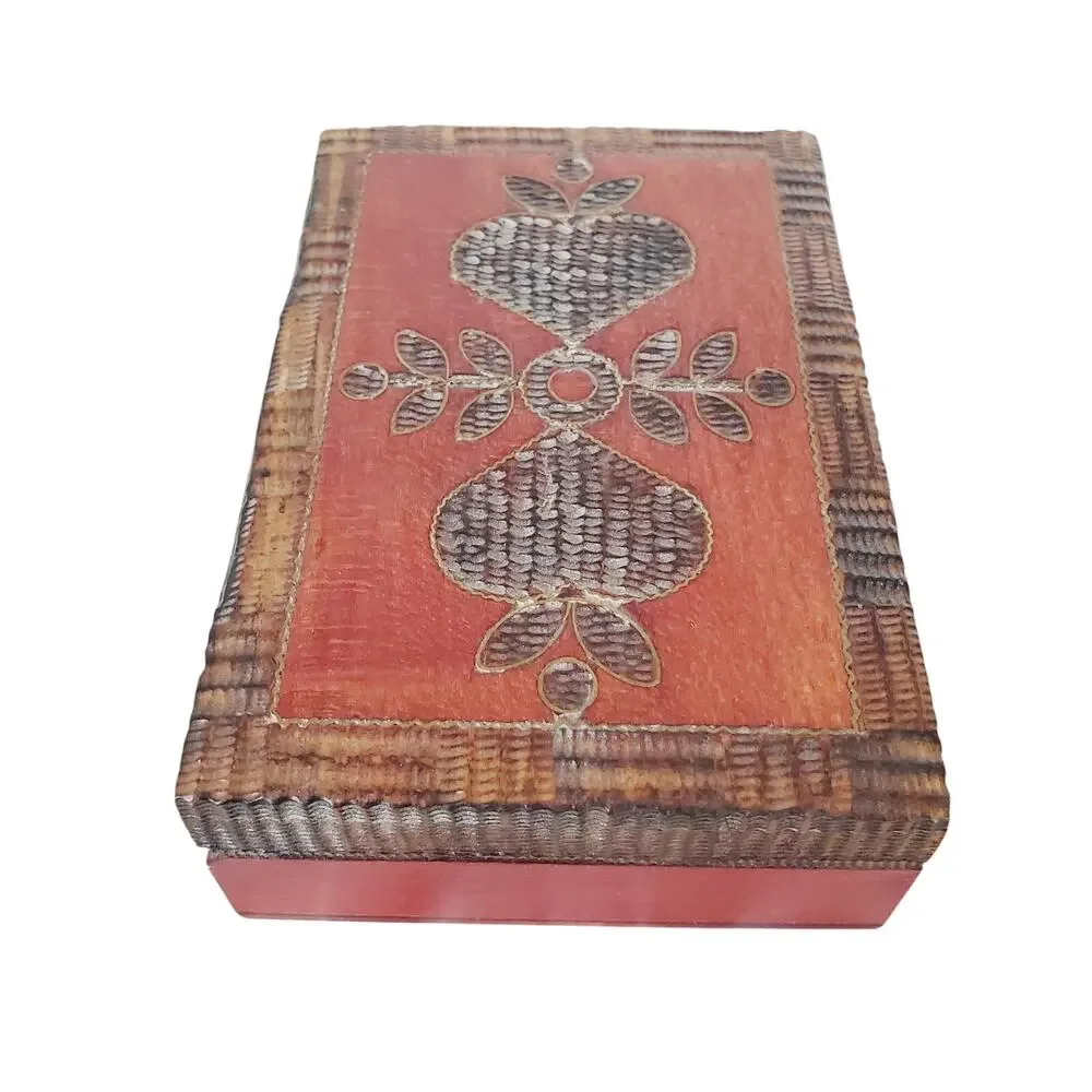 Vintage Wooden Jewelry Trinket Box Hand-Carved Hearts Folk Art Handmade Collect